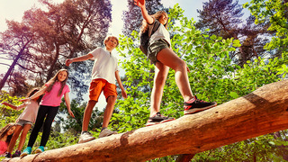 Kinder balancieren über einen Baumstamm