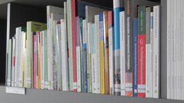 In einem Regal stehen Bücher mit Nachhaltigkeitstitel.
