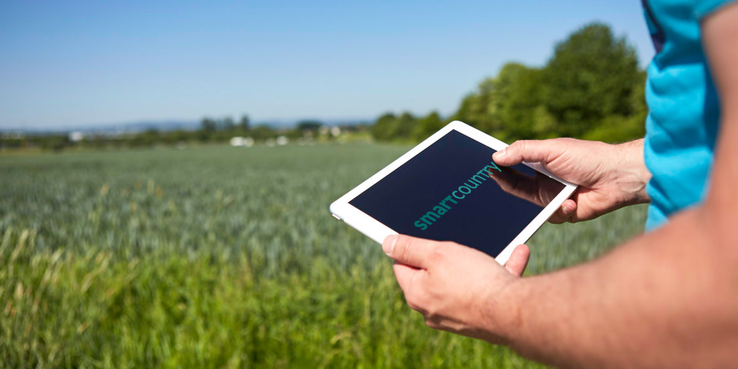A man standing on a green field: his hands holding a tablet