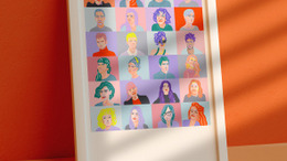 Bilderrahmen, der an eine organge gestrichene Wand angelehnt ist. Auf dem Bild sind 24 Portraits von Fellows zu sehen.