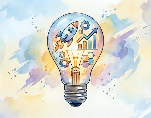 Zeichnung einer leuchtenden Glühlampe, in der Symbole für Unternehmergeist zu sehen sind, wie etwa eine startende Rakete oder ineinander greifende Zahnräder.