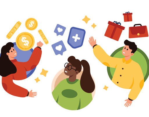 Drei junge, diverse Personen sind in kreisförmigen Ausschnitten dargestellt. Sie interagieren mit schwebenden Symbolen, die für digitale Teilhabe, Finanzen und Karriere stehen: Dollar-Münzen, Social-Media-Icons (Herz/Schild), Geschenke und eine Aktentasche. Moderner, flacher Illustrationsstil auf weißem Hintergrund.