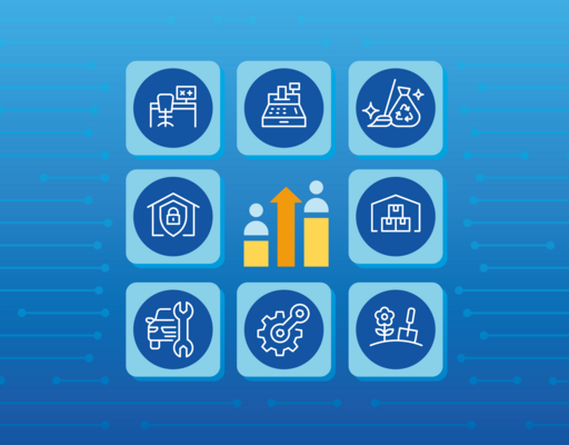 Eine Grafik auf blauem Hintergrund mit einem Raster aus verschiedenen Icons für Branchen und Berufe (u. a. Büro, Kasse, Reinigung, Handwerk, Logistik). In der Mitte symbolisieren Balken und ein Pfeil nach oben Wachstum.