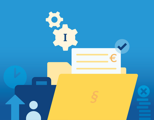 Das Bild zeigt eine minimalistische, flache Grafik (Flat Design) auf einem hellblau-dunkelblau verlaufenden Hintergrund. Es kombiniert verschiedene Symbole aus den Bereichen Recht, Finanzen, Verwaltung und Arbeit.