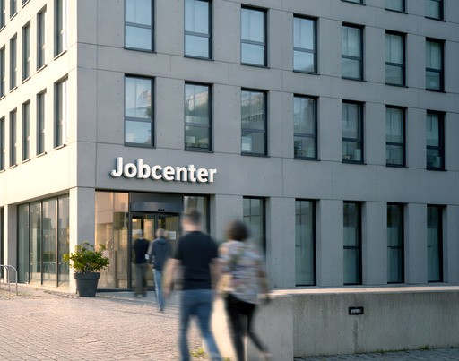 Außenaufnahme eines Jobcenters, in das mehrere Personen gehen.