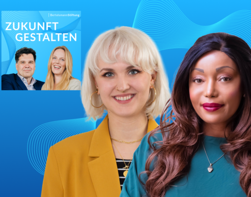 Eine Bild-Montage zeigt im Vordergrund die Porträtfotos von Irène Kilubi und Jessica Gerke. Im Hintergrund sind das Logo des Podcasts "Zukunft gestalten" sowie die Hosts des Podcasts, Malva Sucker und Jochen Arntz, zu sehen.