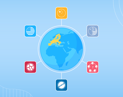 Eine blaue Grafik mit einer Weltkugel in der Mitte.