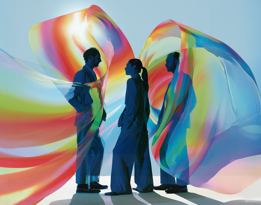 Drei Personen in Anzügen stehen vor einem hellblauen Hintergrund und werden von dynamisch geschwungenen, halbtransparenten Bändern in Regenbogenfarben umhüllt. Die Figuren sind im Profil oder Halpprofil zu sehen und wirken durch die farbigen Lichtreflexe teilweise illuminiert. Das Bild ist KI-generiert.
