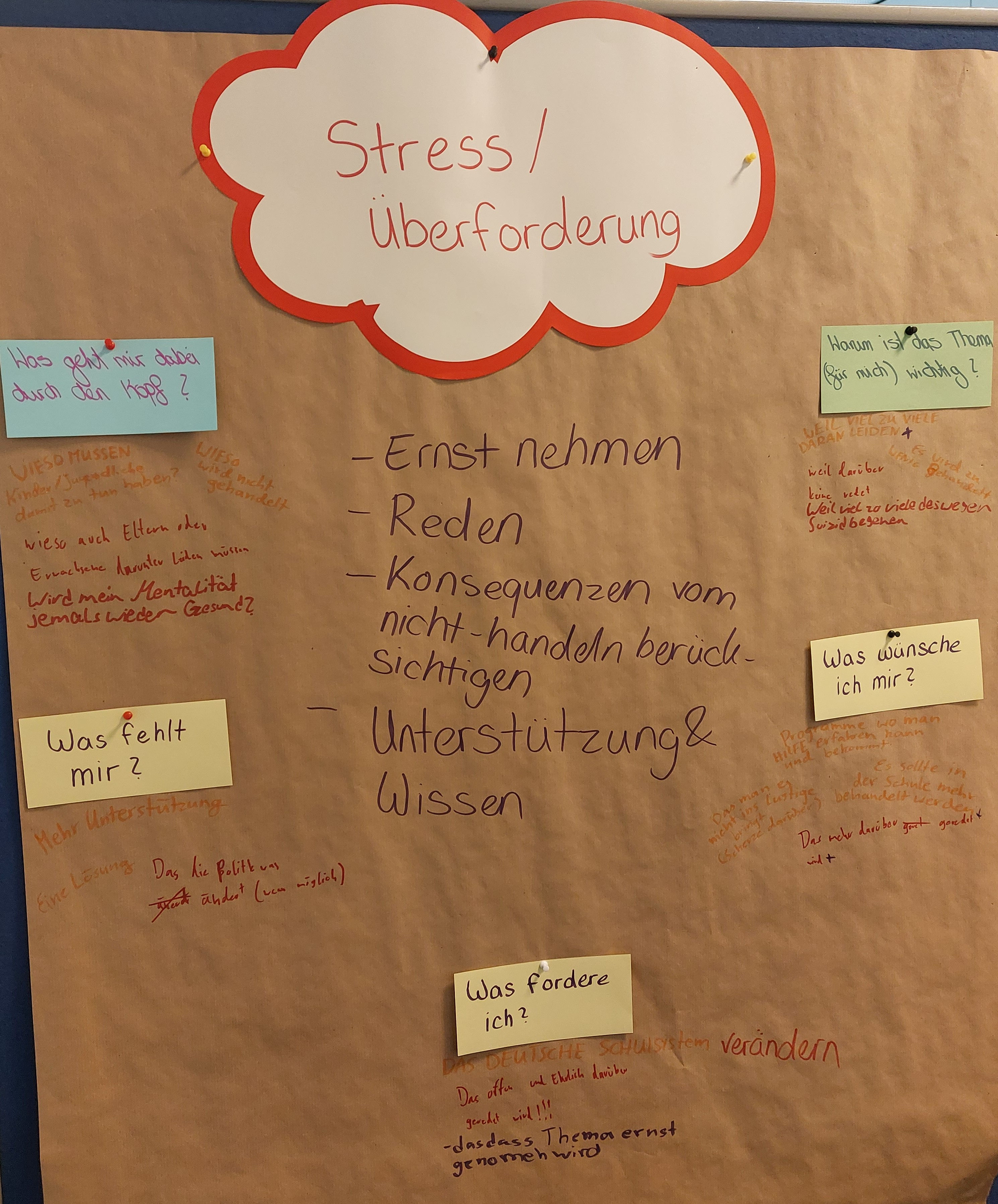 Das Bild zeigt Ergebnisse aus der Jugend-/ Zukunfskonferenz in Berlin. In der Jugendliche zu verschiedenen Themen an Workshops teilgenommen haben.