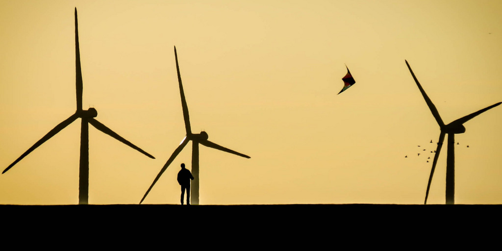 On a North Sea beach during sunrise, a man flies a kite. Behind him are three wind turbines, a flock of seagulls can be seen in the sky.