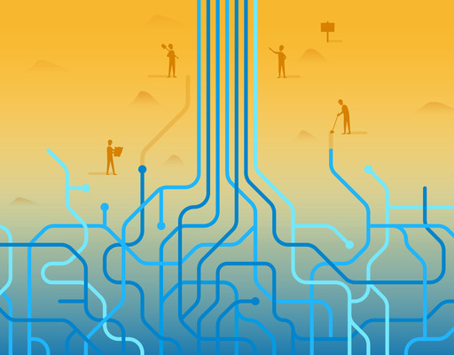 The lower half of the picture shows blue lines that are densely intertwined. Towards the center, the tangle unravels and the lines run straight upwards. The background shows a color gradient from yellow to blue, and four figures can be seen working.