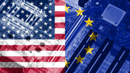 European union flag and American flag on the x-ray circuit board as technology background