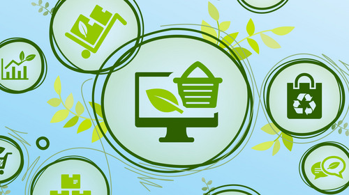 Eine Zeichnung zeigt verschiedene Symbole für Nachhaltigkeit, in der Mitte steht ein Symbol mit einem Einkaufskorb und einem grünen Blatt, das für Nachhaltigkeit im Einkauf beziehungsweise Beschaffungswesen steht.