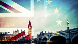 Union Jack flag and EU flag combined over iconic London landmarks