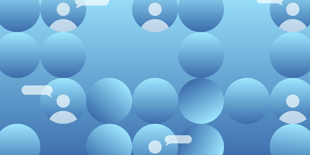 Blaue Kreise mit angedeuteten Personen, die grafisch erstellt worden sind,  zu sehen. Neben den Personen befinden sich leere Sprechblasen.