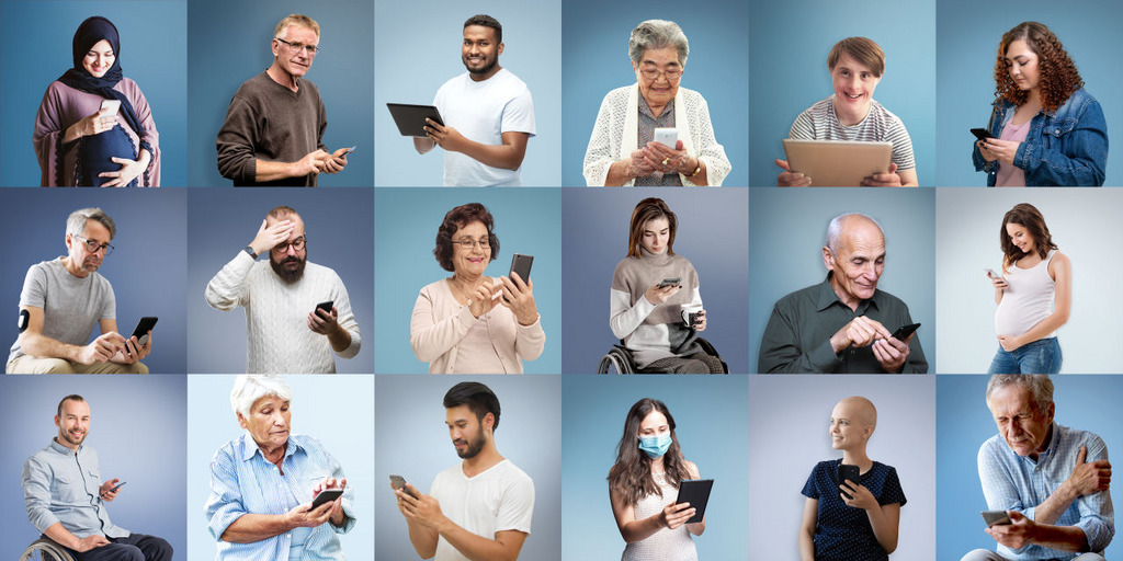 Collage of patients looking at a smartphone or tablet.