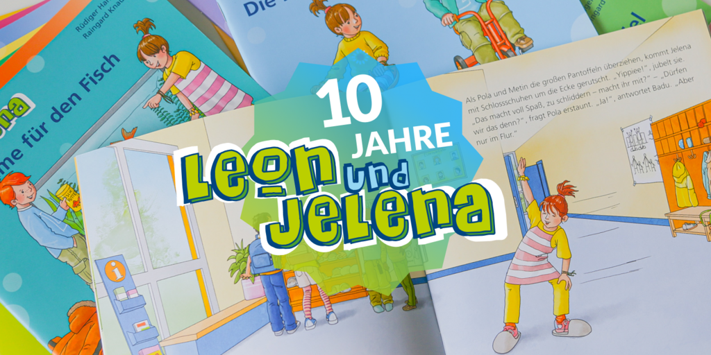 Mehrere Bücher von Leon und Jelena liegen übereinander. In der Mitte steht der Text: 10 Jahre Leon und Jelena.