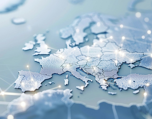 A stylized 3D map of Europe in cool blue tones, covered with bright dots and lines symbolizing a digital network or the interconnectedness of countries.