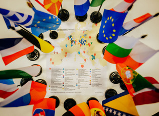 Flags of the European Countries on a table
