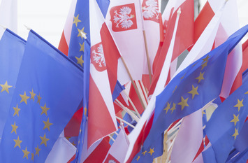 Brunch of Polish and EU flags, white background