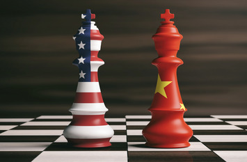 USA and China cooperation concept. USA and China flags on chess kings on a chess board