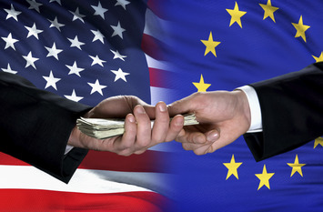 USA and EU officials exchanging money, flag background, international trade.
