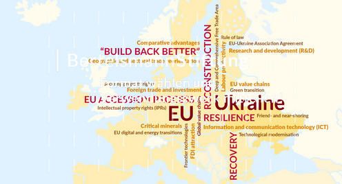 Study cover "Ukraine's future competitiveness". Map of Central and Eastern Europe with relevant keywords.